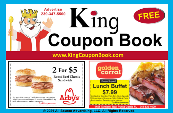 KING COUPON BOOK is one of the best newspaper ad magazine advertising. King Coupon Book goes to many zip codes in SWFL. All Source Advertising LLC created and publishes the best marketing and advertising newspaper publication ads in SWFL, including Lee County, Charlotte County, Sarasota County; to all the major cities and towns. Including Fort Myers advertising, Cape Coral Advertising and Marketing, North Port and Port Charlotte Advertising, Sarasota marketing, newspaper coupon book ads. All Source Advertising is one of the best ad agencies in SWFL